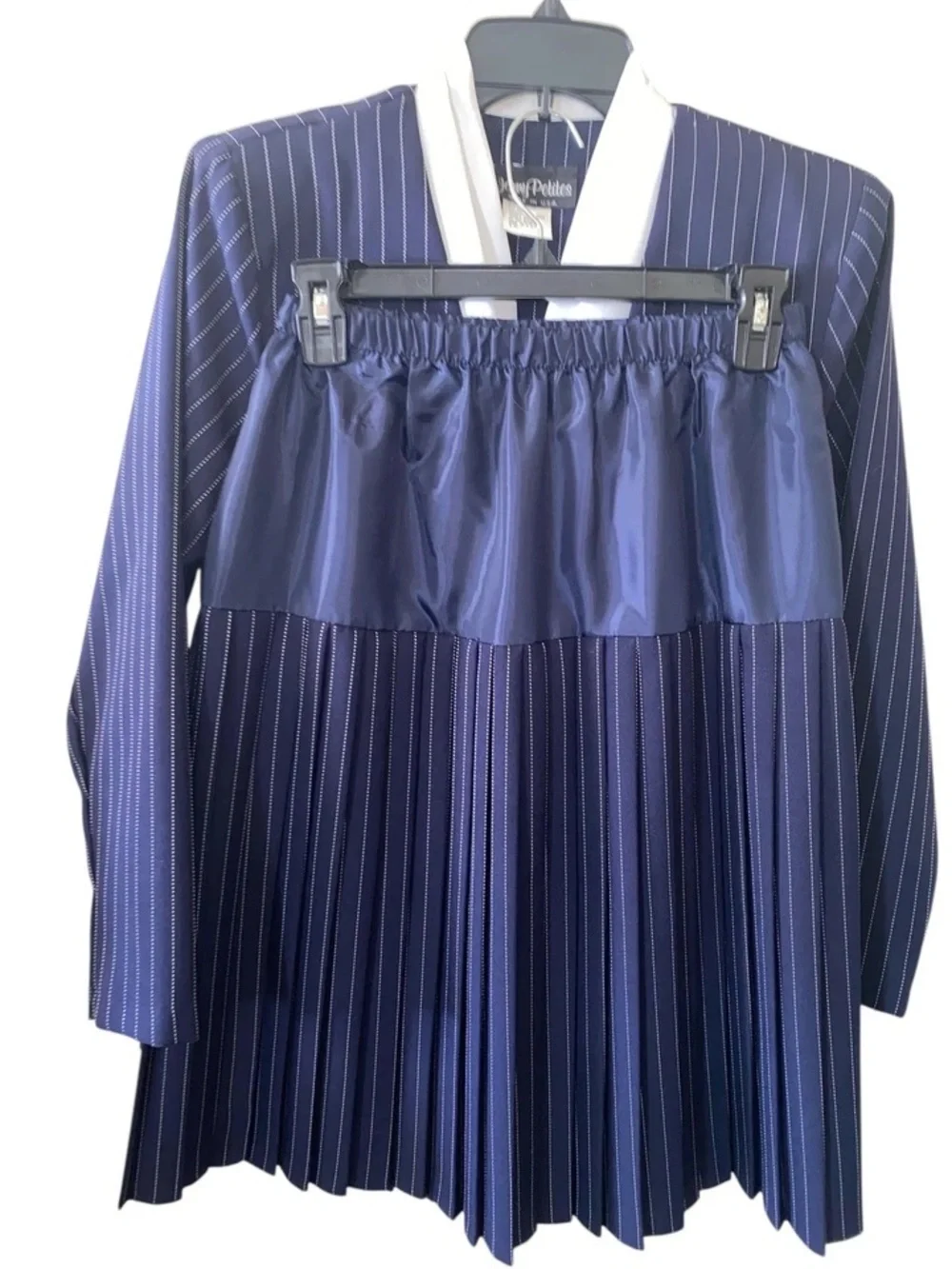 Oscar de la Renta Navy and White Pinstripe Pleated Skirt Suit